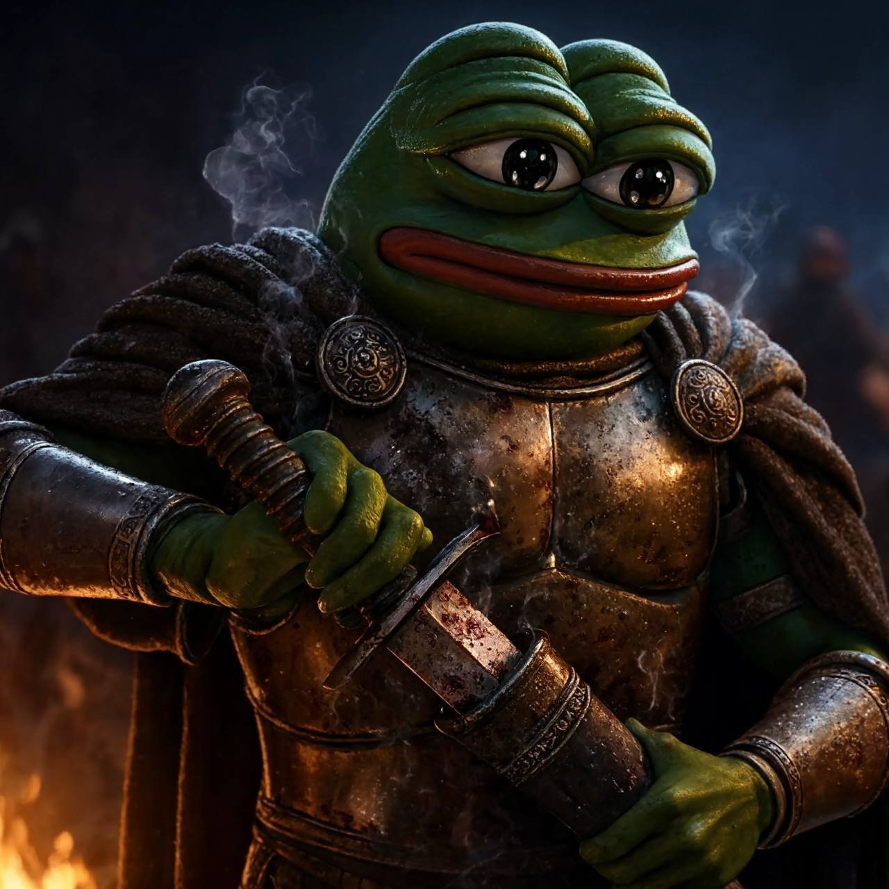 Battle-worn portrait of Kekius Maximus amid embers and smoke